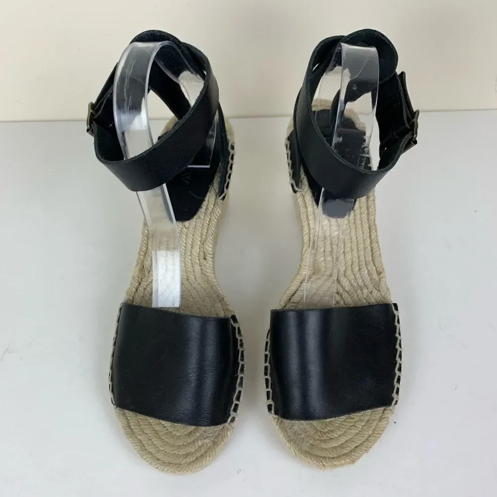 J‎ Crew Black Leather Corsica Ankle Strap Peep-Toe Espadrilles Sz 11